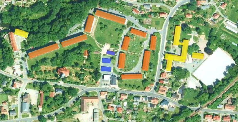 Aerial view of Lohmen's historic town center