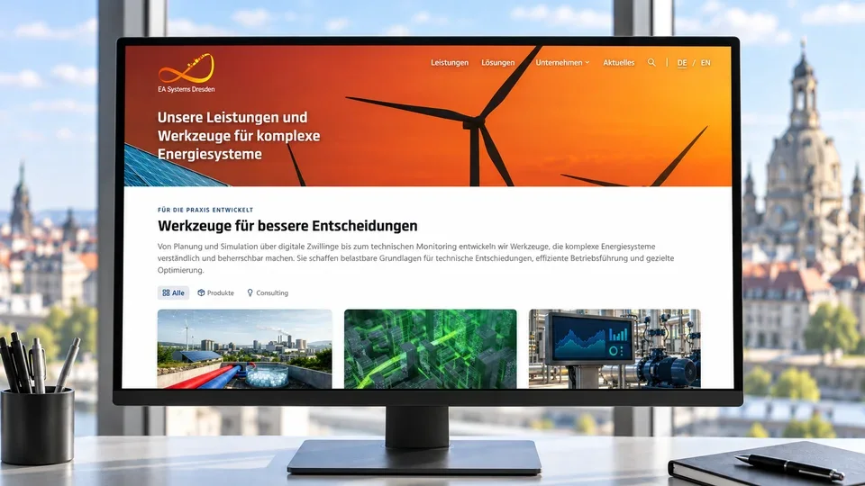 Monitor mit der neuen Website von EA Systems Dresden vor der Dresdner Skyline
