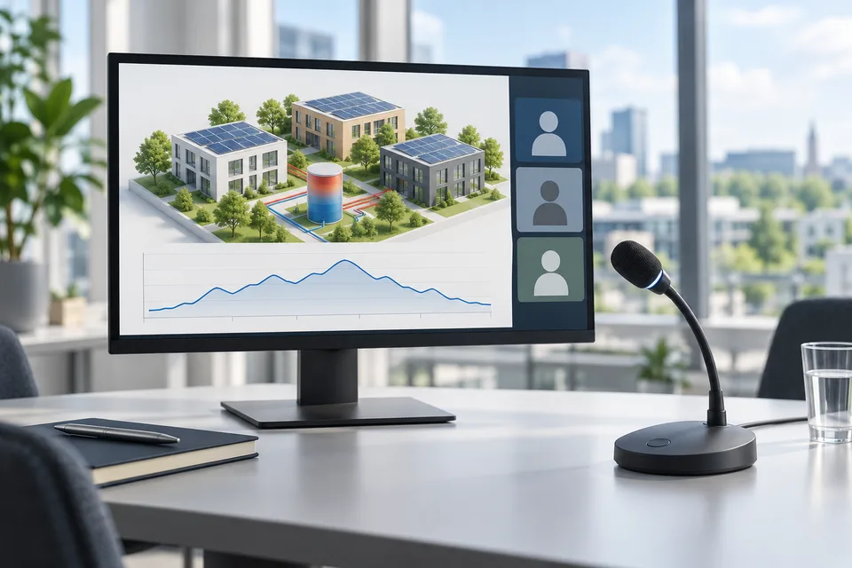 Monitor displaying an energy system simulation and video conference beside a microphone