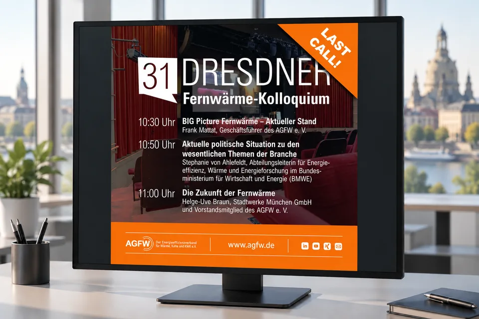 Monitor displaying the program for the 31st Dresden District Heating Colloquium