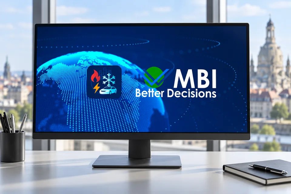 Monitor displaying the Blue Energy Library and MBI logos against a digital globe