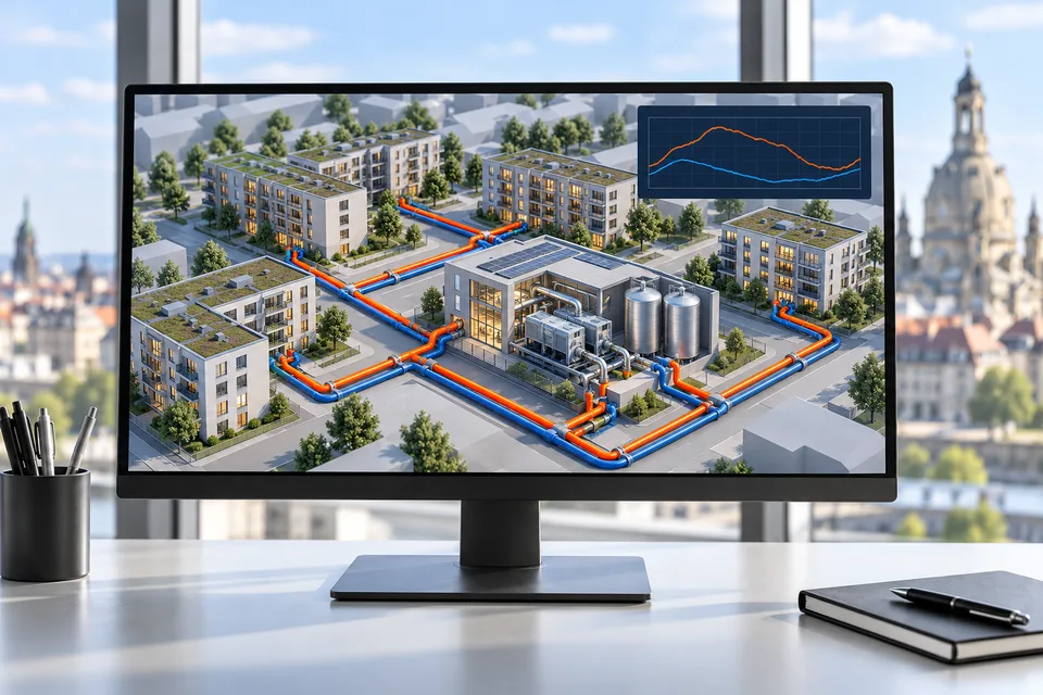 Monitor displaying a digital heating network model and a central heating plant