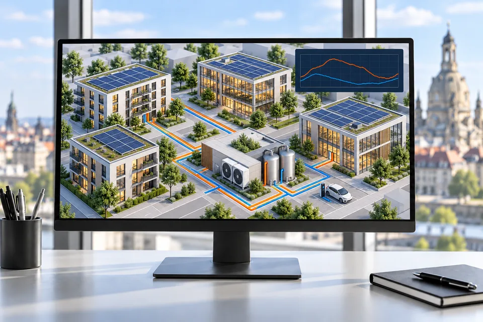 Monitor displaying a digital district model with connected energy systems