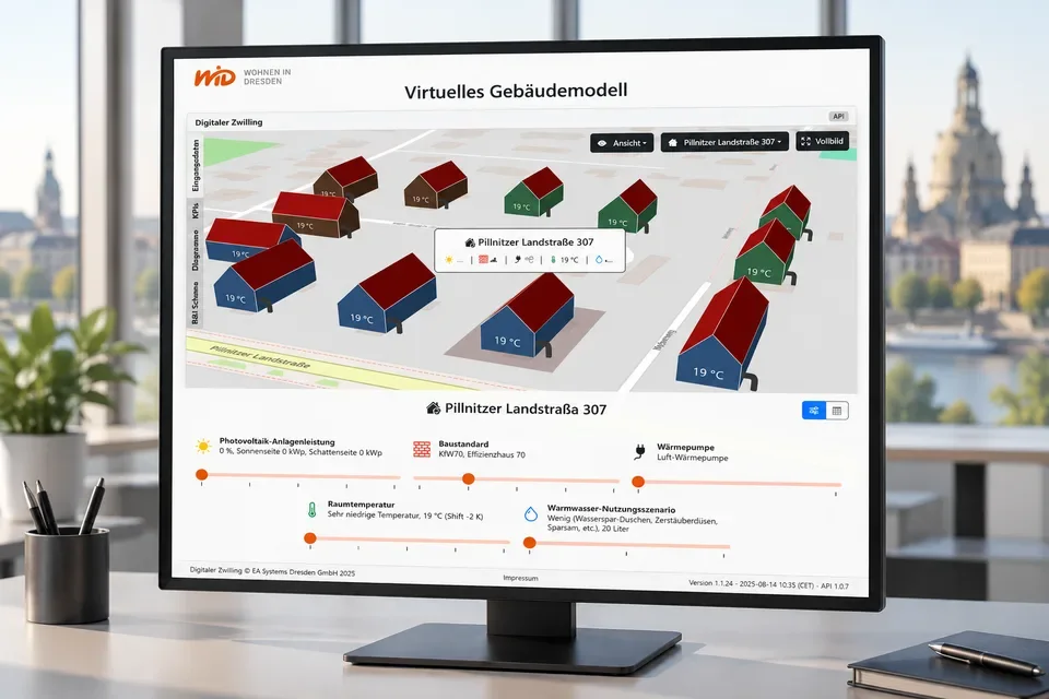 Monitor mit dem interaktiven digitalen Gebäudemodell für die Energiewende