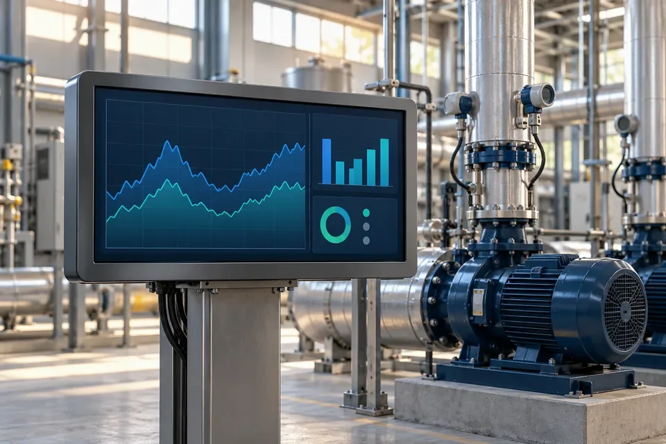 Display showing energy consumption charts in an industrial plant