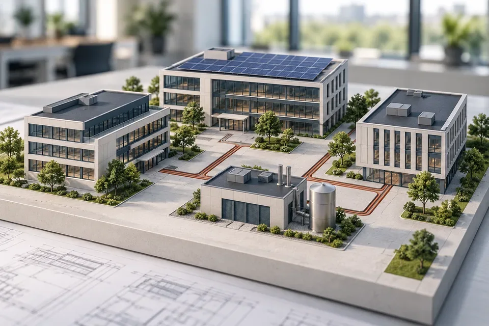 Site model with buildings, solar panels, and heat supply pipes