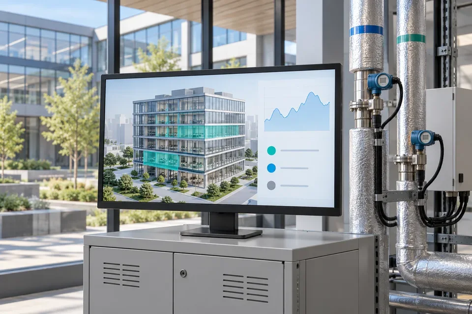 Building model on a monitor beside sensors on pipework
