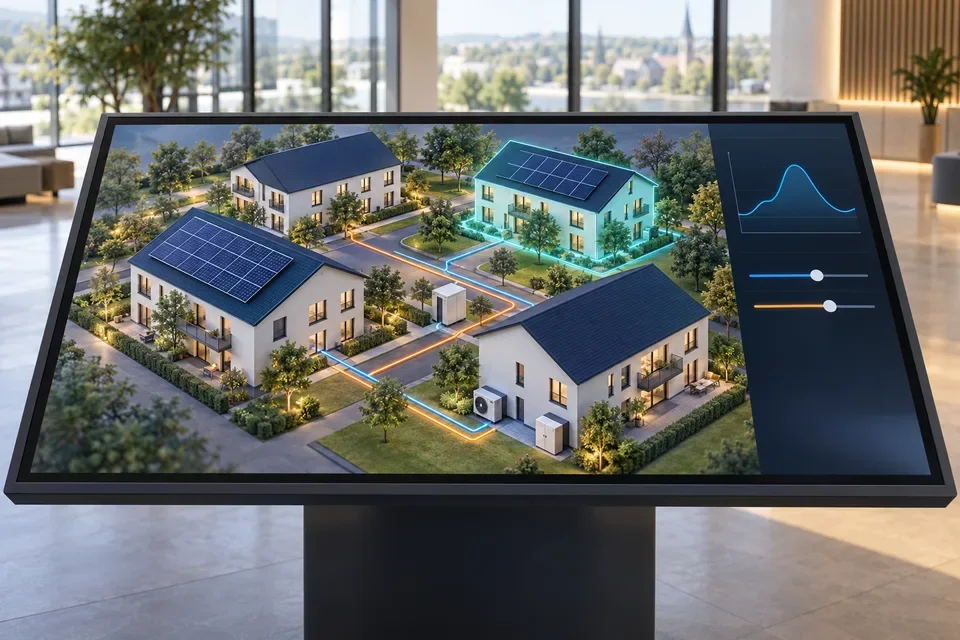 Digitales Modell eines Wohnquartiers mit vernetzten Energiesystemen auf einem Display