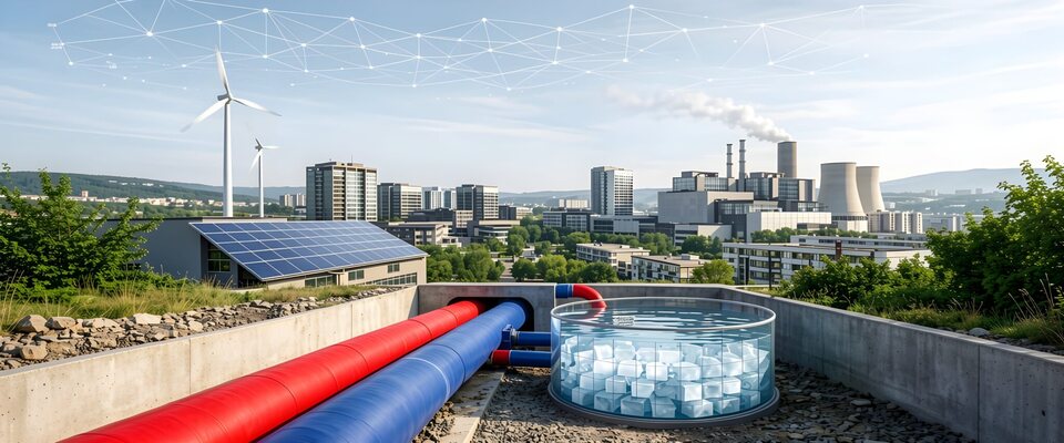 Connected energy system with generators, a heating network, and ice storage