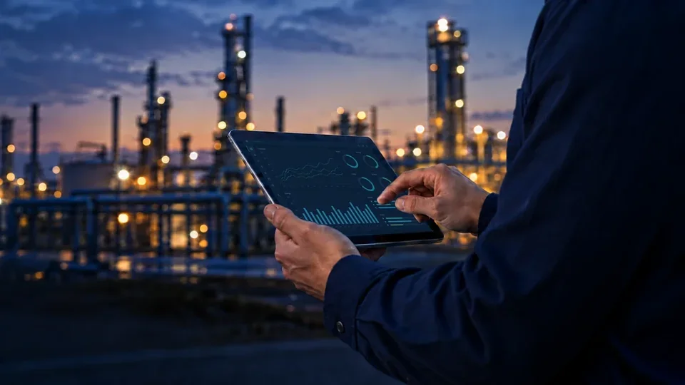 Industrial facility at dusk with energy data displayed on a tablet